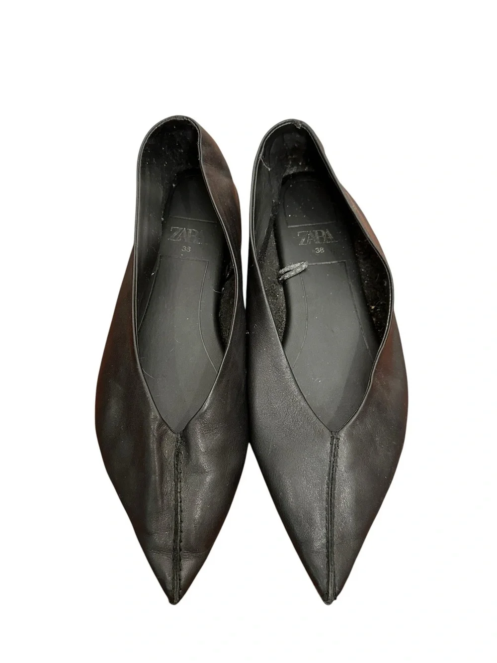 ZARA Black Pointed Leather Slip-On for Ballet Flats. Balletcore. Minimalist. 7.5